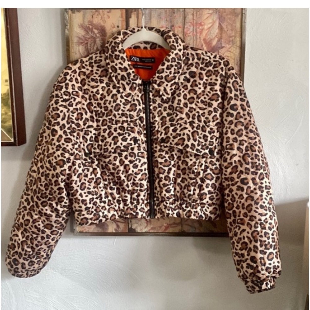 ZARA LEOPARD CROP PUFFER JACKET CROP PUFFER MOTO COAT ANIMAL PRINT FULL ZIP